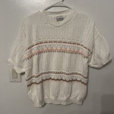 Vintage NAN DORSEY Knit 100% Cotton USA Made Sweater White with pattern
