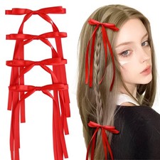 VOBOBE 4PCS Hair Bows for Women Girls, Red Tassel Ribbon Bowknot Hair Clips B...