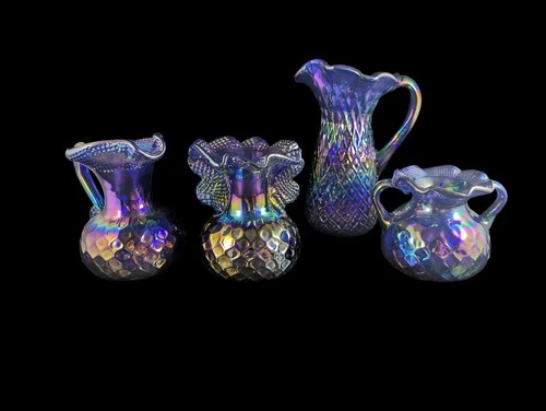 Fenton (?) Carnival Glass Pitcher Vase Lot Iridescent Blue