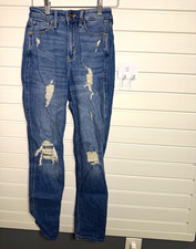Hollister Women  s Mom Jeans Medium Wash Blue Denim Distressed High Rise 5-Pocket