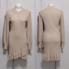 Flat White Ruffled Cable Knit Sweater Dress Puff Sleeve Cozy Chic Boho Luxe S