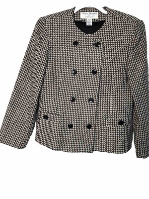 Vintage Rena Rowan For sayville Blazer Wool Blend Black White Pink SZ  8P Petite