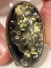 Old sterling silver HUGE green amber s7.75 ring 062624bBE