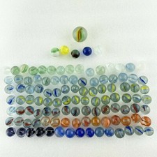 Glass Marble Lot of 76 w Shooter Color Ribbon Blue Orange Green Yellow White