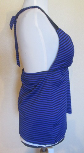 Mossimo Blue & Black Striped Tankini Top Women's L Halter, Removable Pads ~ NEW - Picture 2 of 3