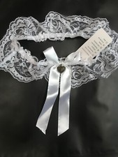 White Lace Bridal Garter - Satin Bow - Vintage Bronze Heart Charm - One Size