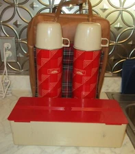 Vintage Thermos Red Plaid Picnic Set w/ 2 Thermos' Sandwich Box & Carry Bag 1960