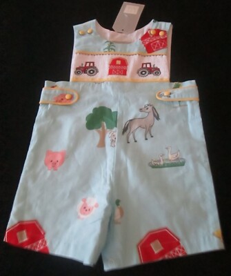 NWT BOUTIQUE LIL CACTUS SMOCKED/EMBROIDERED FARM 1 PC ROMPER BARN/TRACTOR 6-12 M