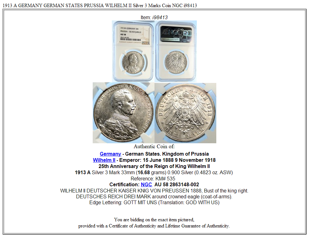 ALLEMAGNE - PRUSSE 3 Mark 25e Anniversaire De Règne De Guillaume II 1913 Berlin Spl,fwo 547681,a