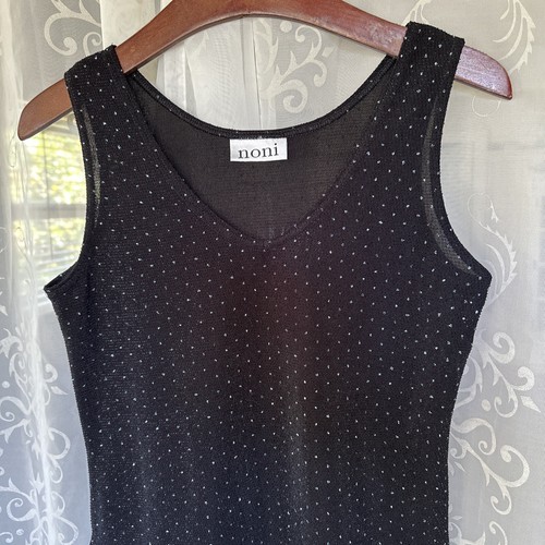 Vintage Noni Top Size M Black Shimmer Dots Stretching Knit Singlet Camisole - Picture 2 of 14