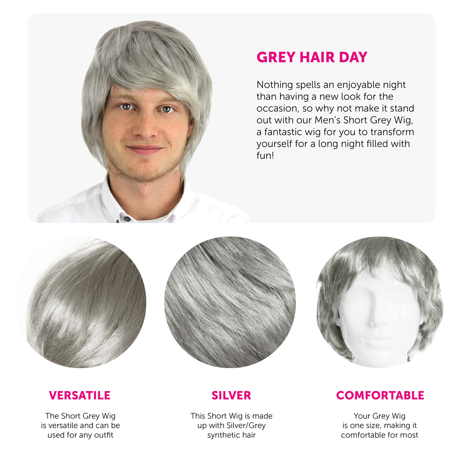 MENS GREY WIG ADULT BOYBAND HAIRSTYLE 1960'S 1970'S 1980'S FANCY DRESS