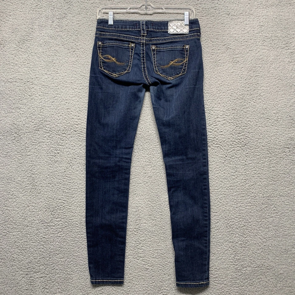 银色牛仔裤青少年尺寸 27x31 厚金色拼接 5 口袋宝石装饰 — 第 4/4 张图片