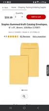 Staples / Kraft 28lb / 6x9 Gummed Envelopes/ 100 Count Box
