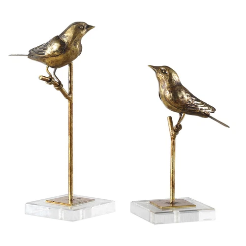 PAIR AGED GOLD PERCHED BIRDS CRYSTAL BASE MODERN ART STATUE UTTERMOST 18898 - Picture 2 of 5
