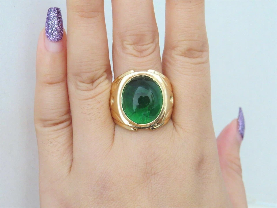 Anillo para hombre enchapado en oro amarillo de 14kt plata simulada esmeralda cabujón y diamantes Foto 3 de 3