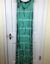AB Studio Tie Dye Maxi Dress Beachy Bohemian 6 Green Black Jersey Knit Tank
