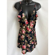 E & M Floral Wrap Ruffle Dress Size L Romantic Black Red Date Brunch Summer Cute