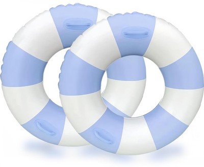 2PCS Stripe Pool Swim Ring with Handles Inflatable Pool Floats 35Inch Water F...