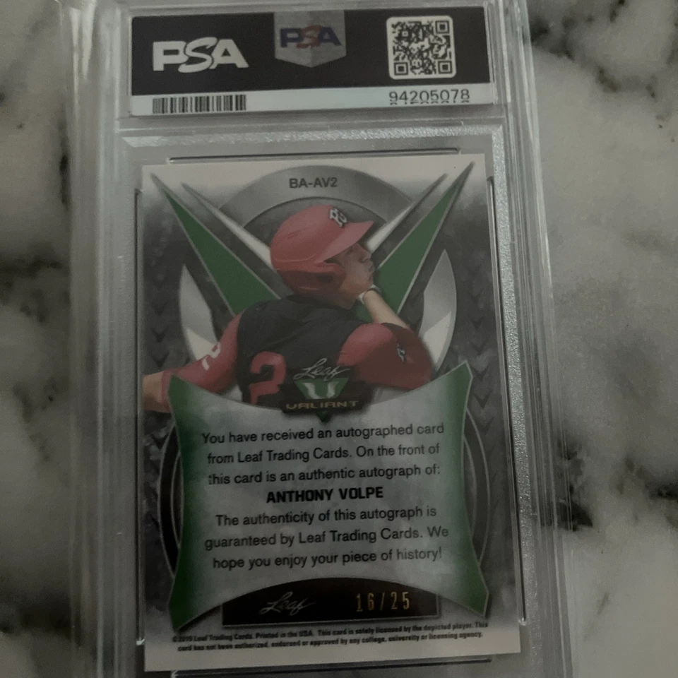 2019 Rookie Anthony Volpe Pop 1 Navy PSA 10 Auto 10 /25 - Image 2 of 2