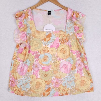 Shein Vacay Floral Ruffle Top Size L Pink Yellow Cottagecore Retro Pastel Boho