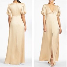 Sachin Babi Alli Empire Waist Gown Champagne Satin V-Neck Bishop Sleeve Size 0