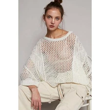 POL Knit Crochet Cover Up Womens L Cream Resort Layering Boho Casual Open Knit