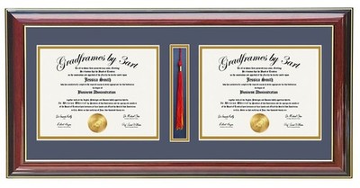 Custom Double Diploma Frame with Tassel Holder - Mahogany/Navy - Real Wood-H
