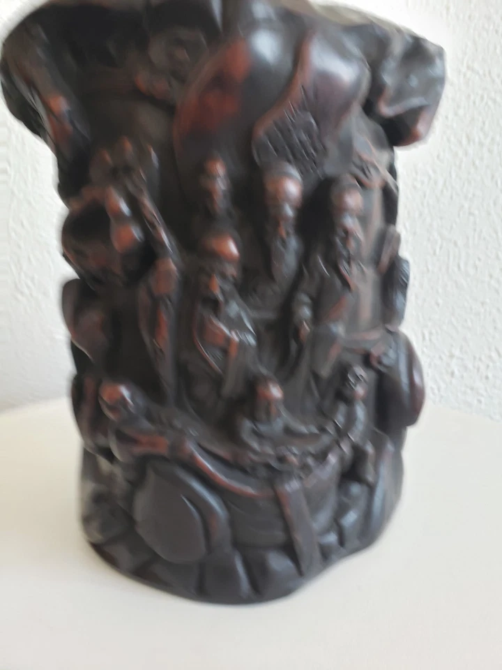 Antigua taza china tallada en resina en relieve género escena libación años 1900-1920 8"" Foto 2 de 4