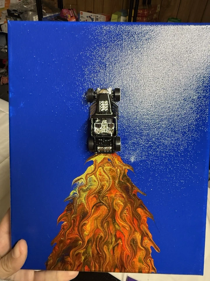Arte 3D sobre lienzo azul Hot Wheels - Coche personalizado con llamas medios mixtos Foto 2 de 2