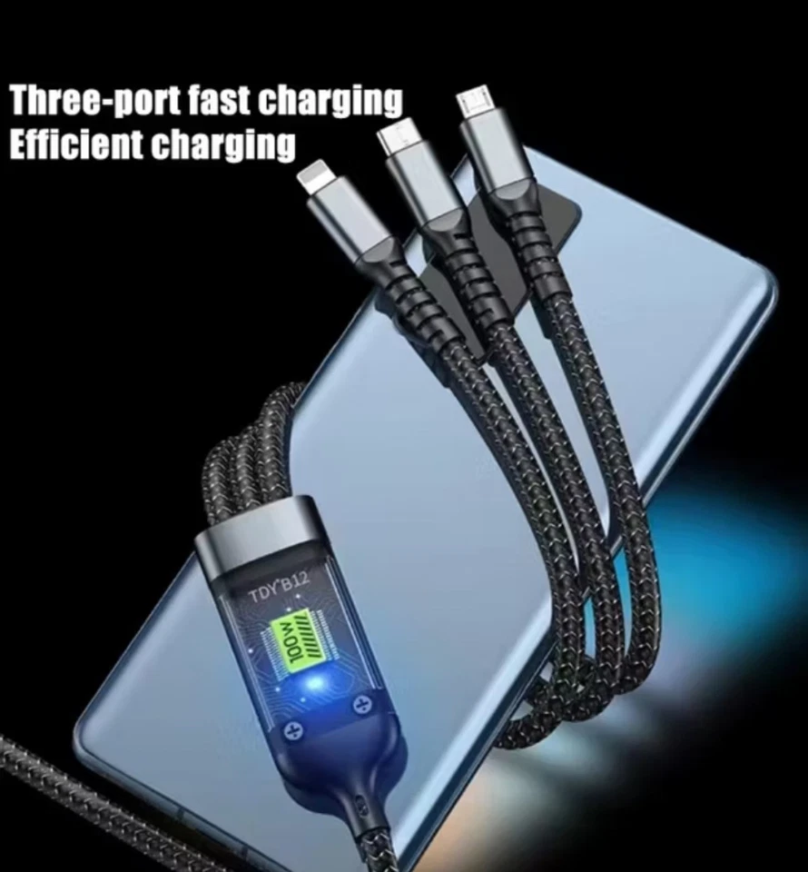3 in 1 Fast Charging Cable USB Type C Micro USB Multi Charger Cord Universal - Image 1 of 4