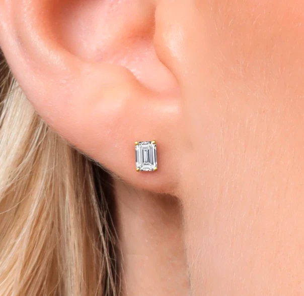 1.50 Ct Emerald Cut Lab Grown Diamond Dainty Stud Earrings In 10K Yellow Gold - Image 2 of 4