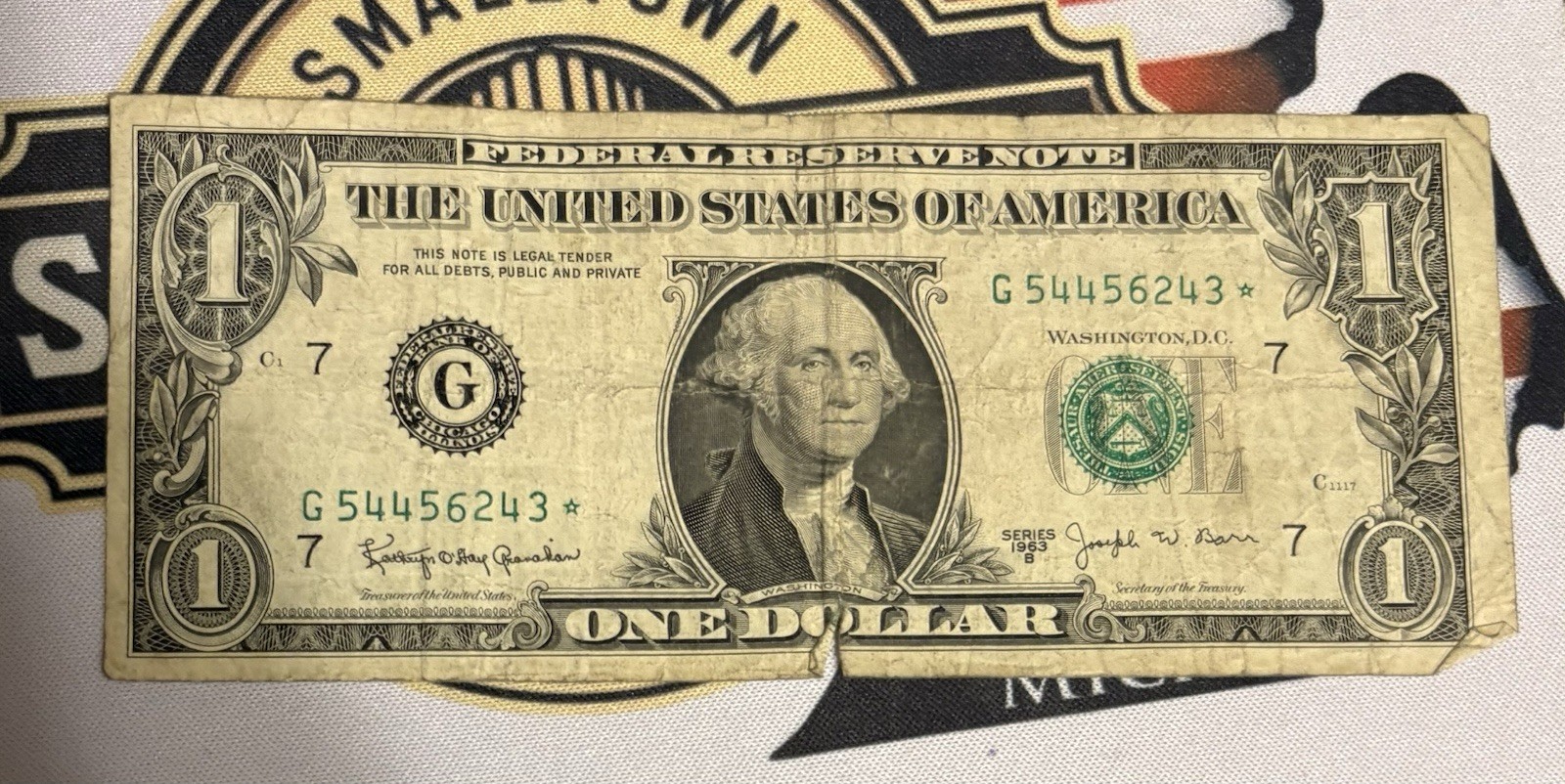 US One Dollar, 1963 B, $1 Barr, Star Note, Green Seal 