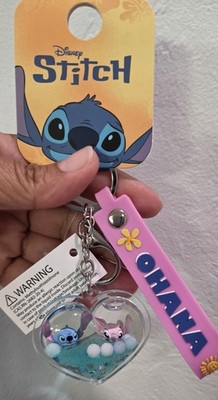  Disney Stitch & Angel Ohana Heart Water Snowglobe Keychain with Wristlet 
