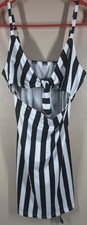 🍀 NWT ROMWE Women's Black & White Stripe Tie Front Cut Out Mini Dress Size M