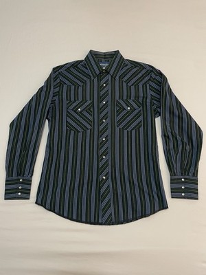 Wrangler Western Button Up Pearl Snap Shirt Blue Green Striped Vintage Size M