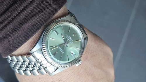 Vintage Rolex Datejust 1601 Olive Green Pie-Pan Dial Men's Automatic Watch 1974