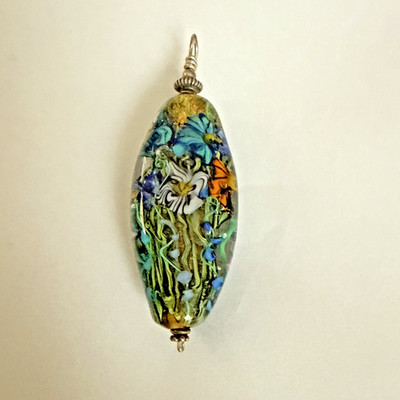 Sterling Silber 925 Iris Gartenkunst Glas Lampwork Anhänger ohne Kette