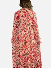Peachy Pink Floral Long Sleeved Ruffle Frill Trim Tiered Maxi Dress Womens Dress