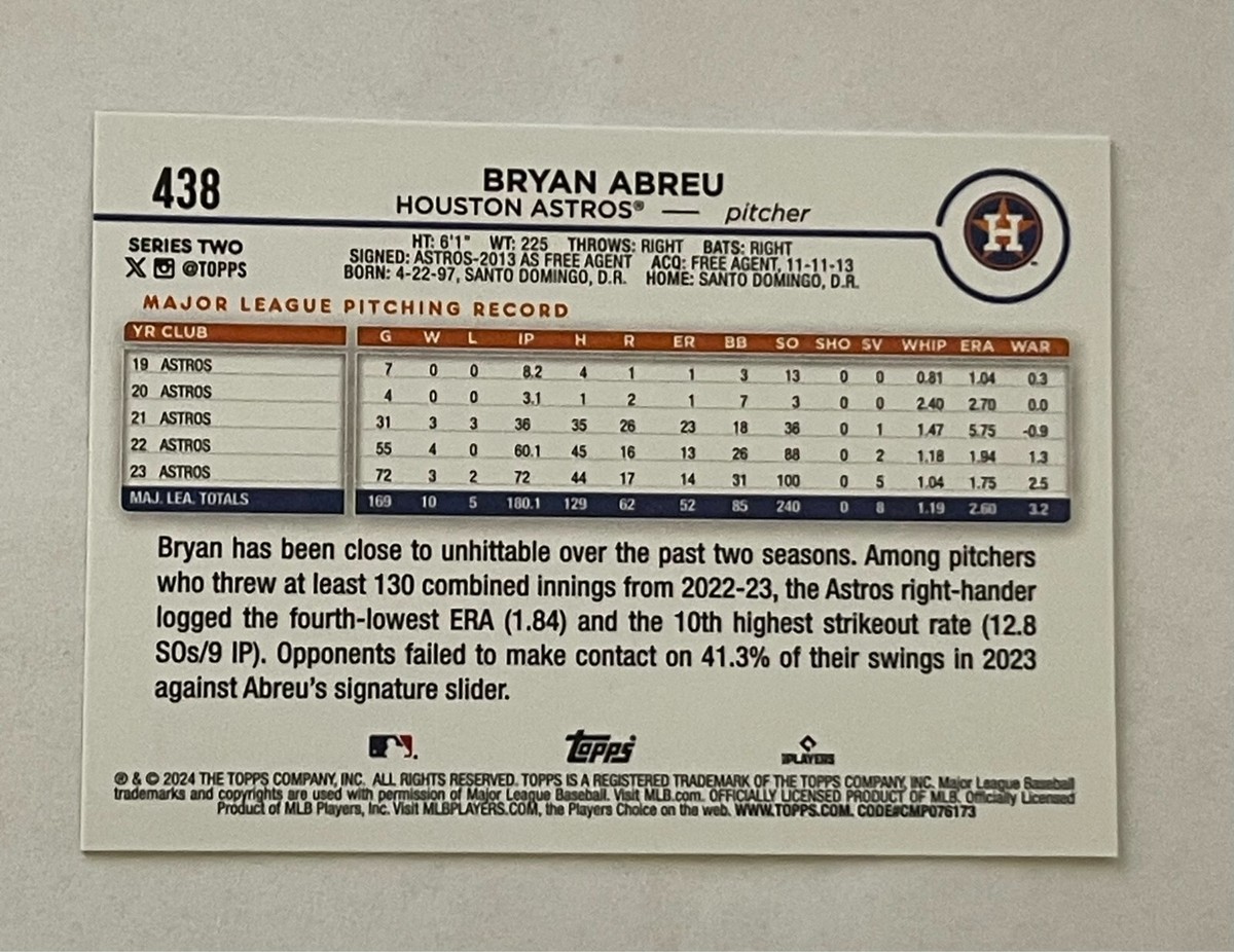 2024 TOPPS BRYAN ABREU #438 PITCHER HOUSTON ASTROS BASEBALL CARD