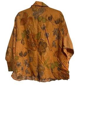Harve Bernard 3X Linen Top Shirt Gold Floral Button Up 3/4 Sleeve V Neck Orange