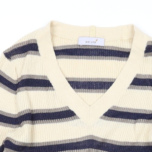 Per Una Womens Beige V-Neck Striped Cotton Pullover Jumper Size 10 - Picture 5 of 10