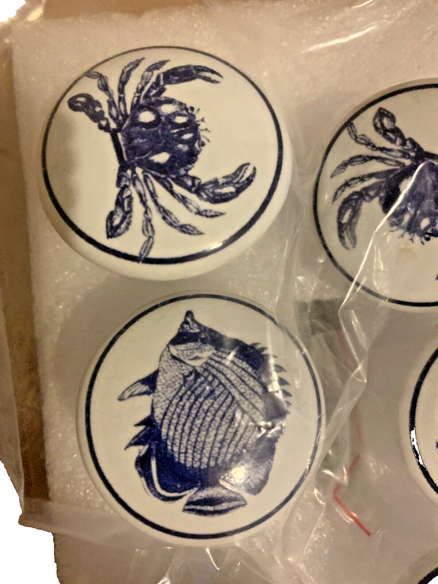Sealed New Set of 6 Porcelain Blue White Crab Set of 6 B/W Fish Dresser  Knobs