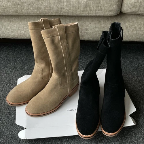 Halbhohe Damen-Westernstiefel Veloursleder rund geschnitten zum Überziehen niedriger Absatz Größe - Bild 1 von 10