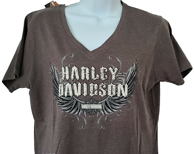 Harley Davidson SS Shirt Gray Studded Angel Wings Shield V Neck Chest41 Womens L