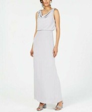 Adrianna Papell Blouson Cowlneck Gown, Silver, Sz.0