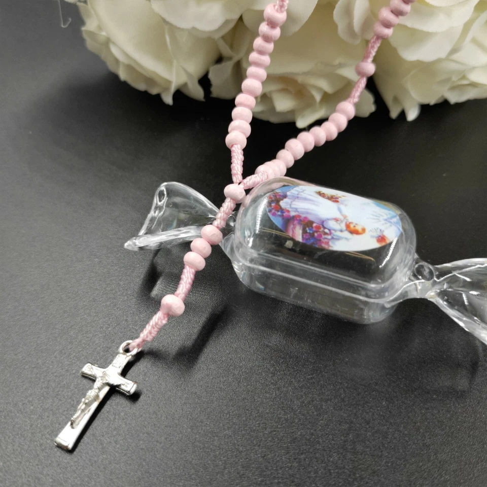 Pulsera Cuerda 12 piezas 10" Rosario Bautizo Favores con Cruz en Estuche Forma Caramelo Foto 4 de 4