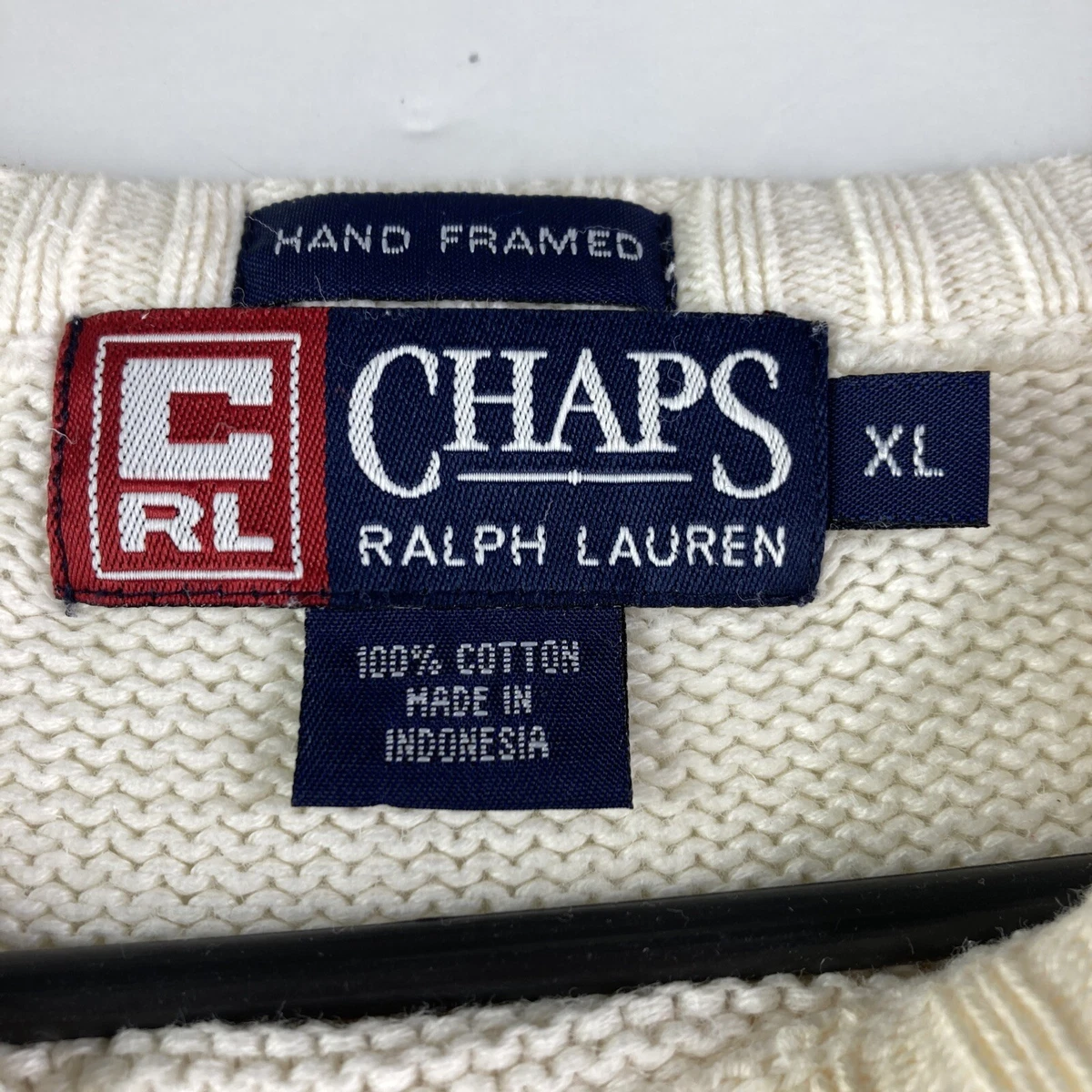 Chaps Ralph Lauren Vintage Sweater Big Logo White Embroidered American Flag