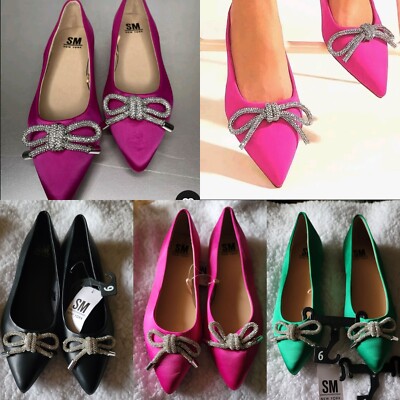 Steve Madden Embellish Bow Pink Satin Black Ballerina Flats Shoes ~ 9, 9 M3020