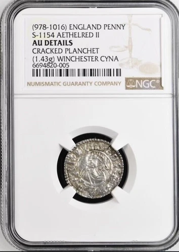 England 978 - 1016 King Aethelred II Silver Penny NGC AU Peck Marked S-1154