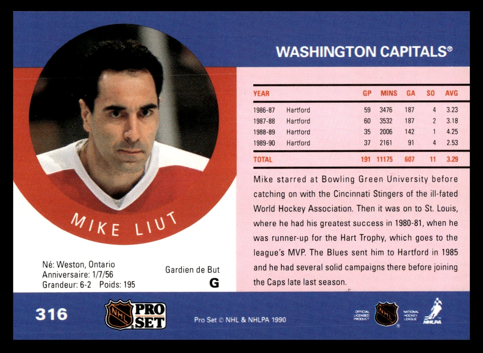 1990 Pro Set Mike Liut #316 Washington Capitals NHL Hockey - Image 2 of 2
